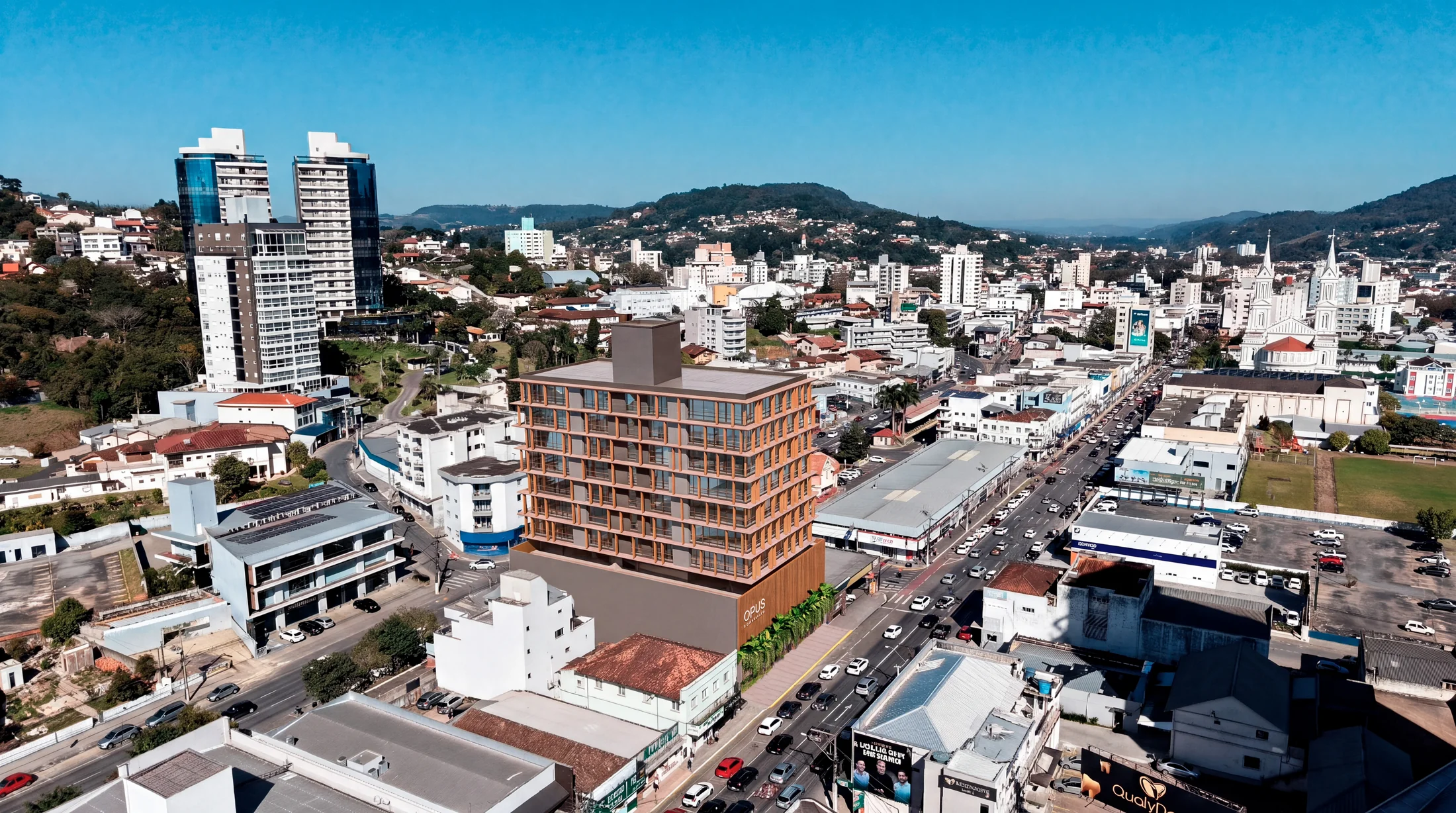 Vista do conjunto arquitetônico Opus na cidade