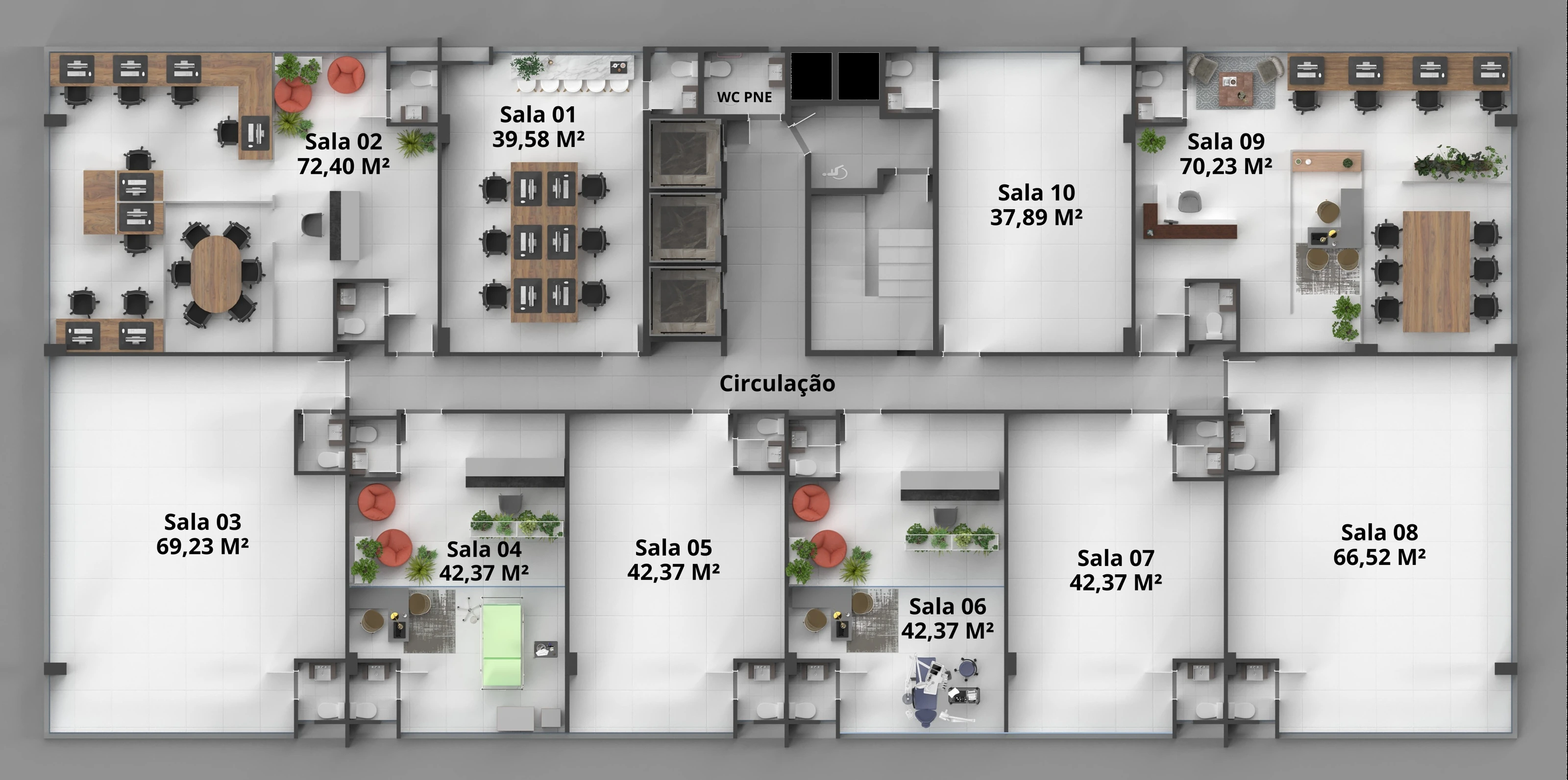 Planta humanizada atualizada com dez salas e circulação central